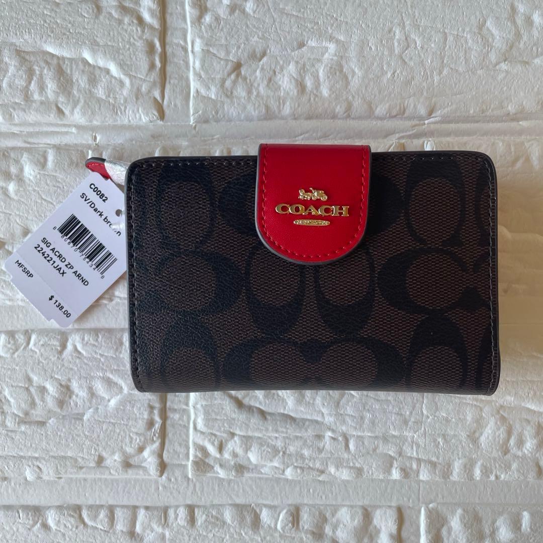 週末セール‼️ 新品COACH 二つ折り財布 ブラウン/レッド 赤 ギフト 箱付き