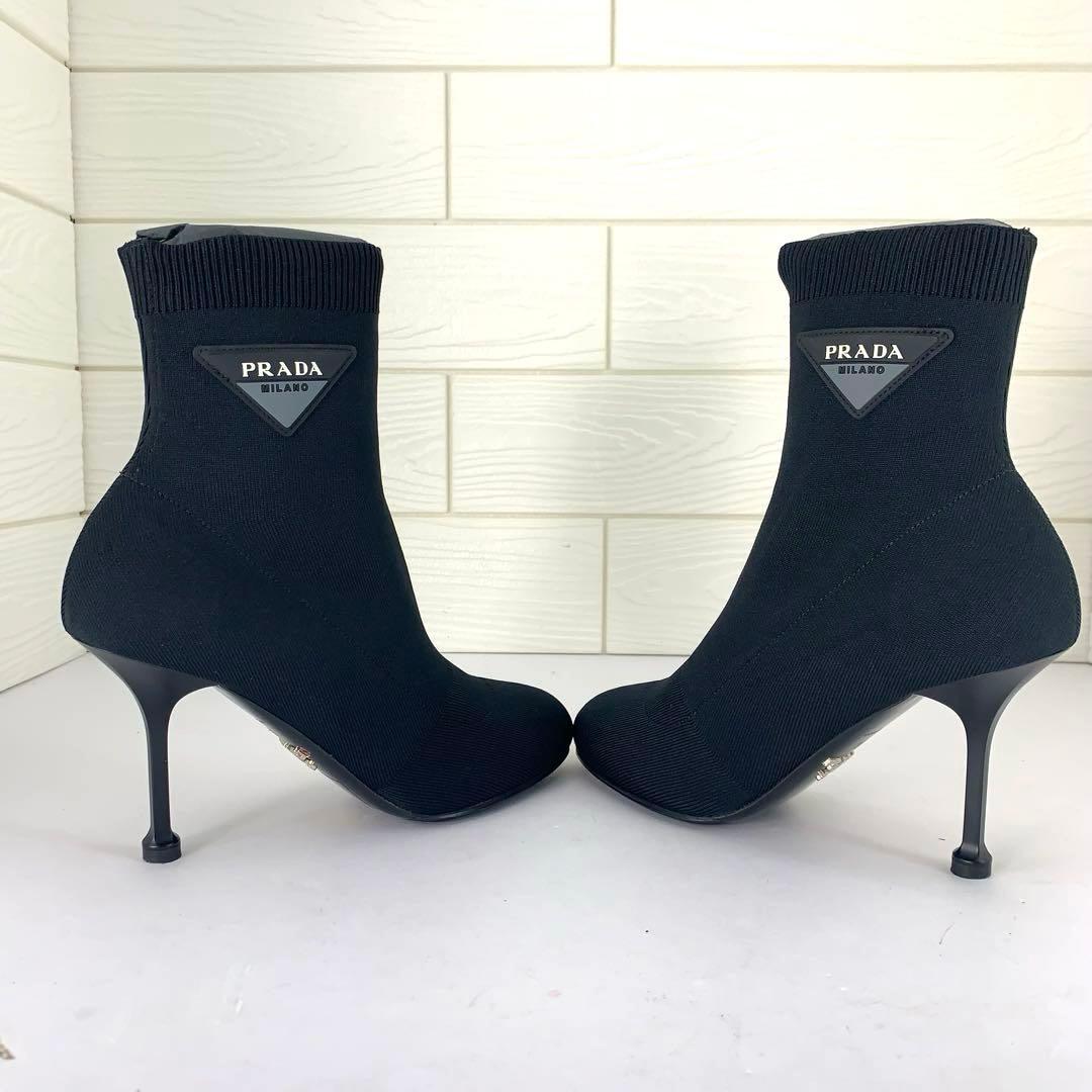【極美品】PRADA プラダ　ブラックニットソックスブーツ　三角ロゴ　サイズ38