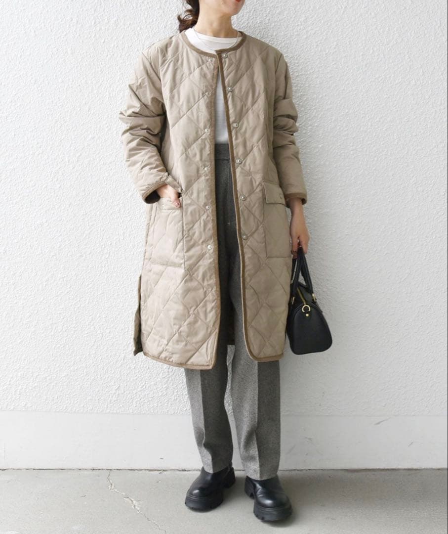 SHIPS TAION パイピングクルーネックロング ダウンコート　ベージュ