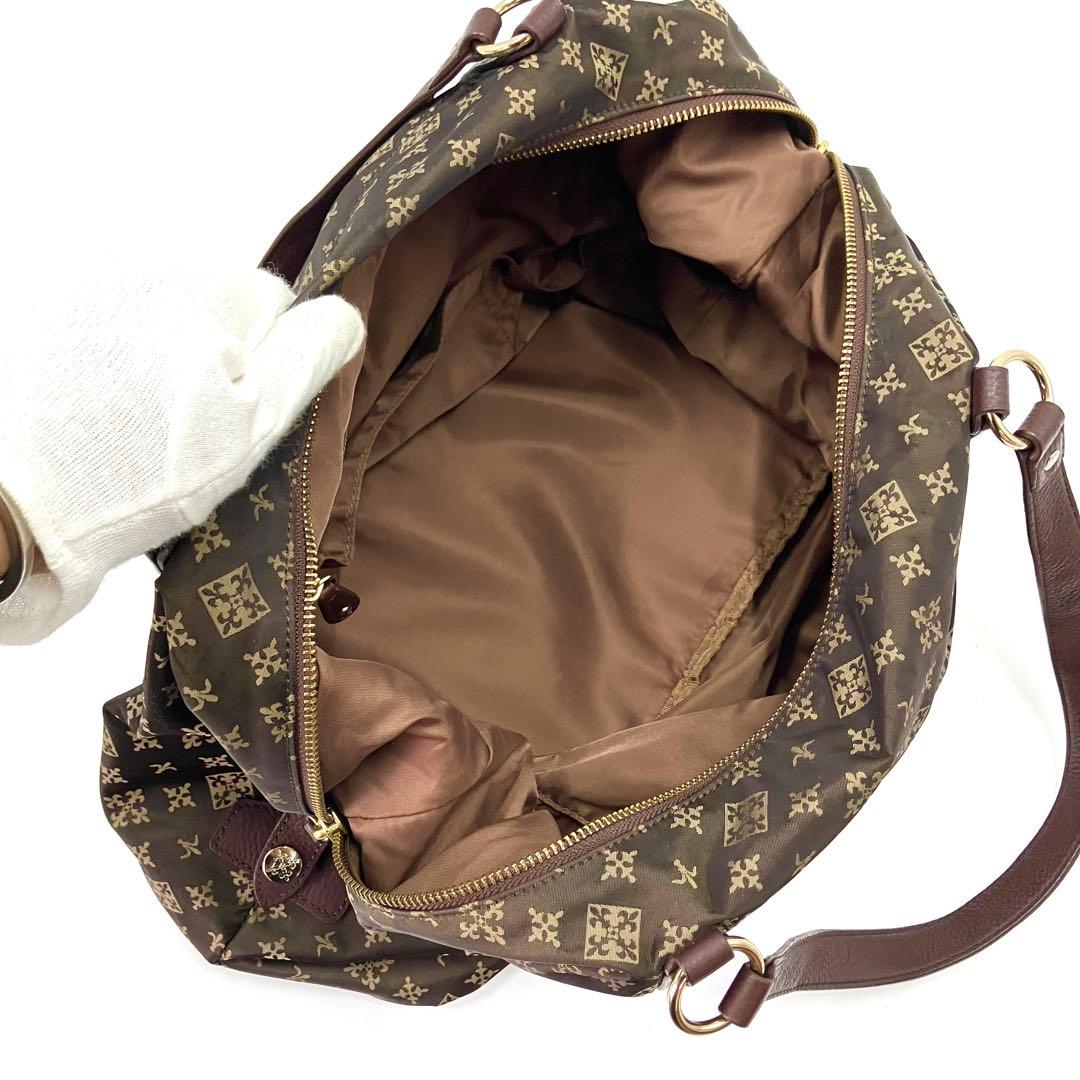【美品】ラシット 総柄 ナイロン（持ち手レザー）ボストンバッグ 焦茶色 肩掛け