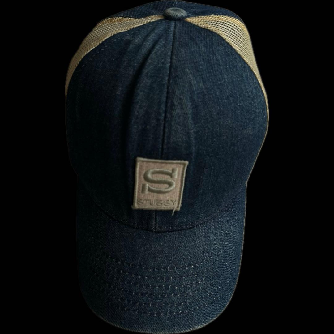 “刺繍ロゴ” old stussy 6パネルキャップ DENIM MESH