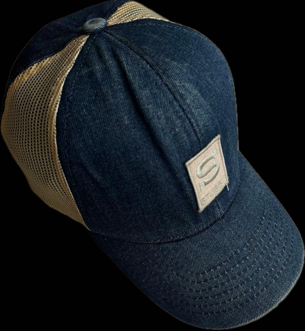“刺繍ロゴ” old stussy 6パネルキャップ DENIM MESH