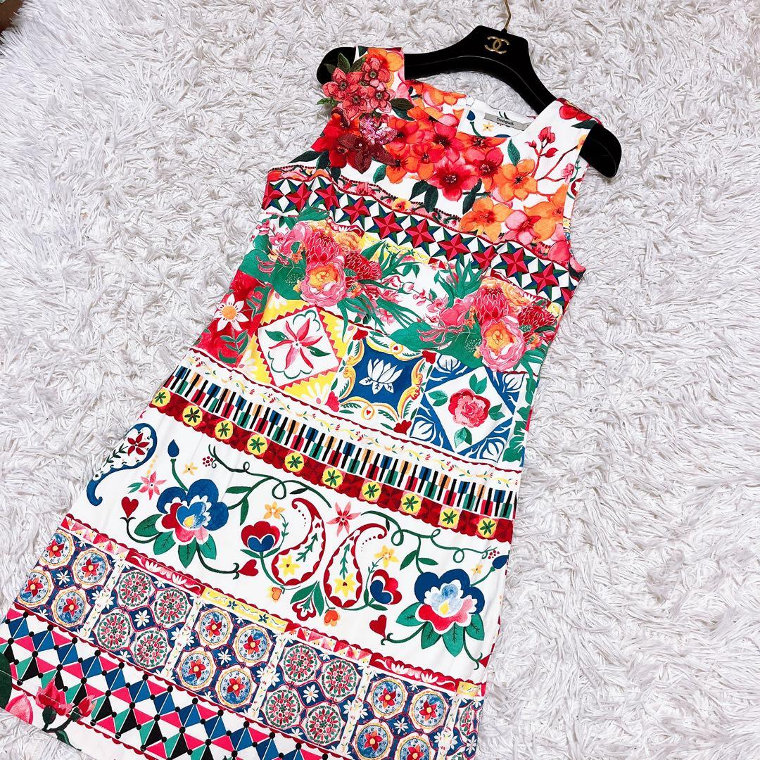 Desigual 総柄 ドレス ワンピース ノースリーブ マヨリカ 花柄 刺繍