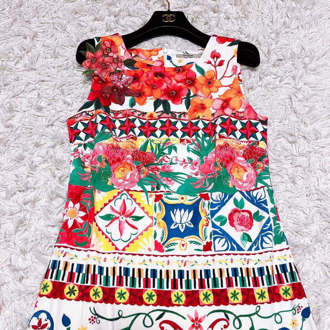 Desigual 総柄 ドレス ワンピース ノースリーブ マヨリカ 花柄 刺繍