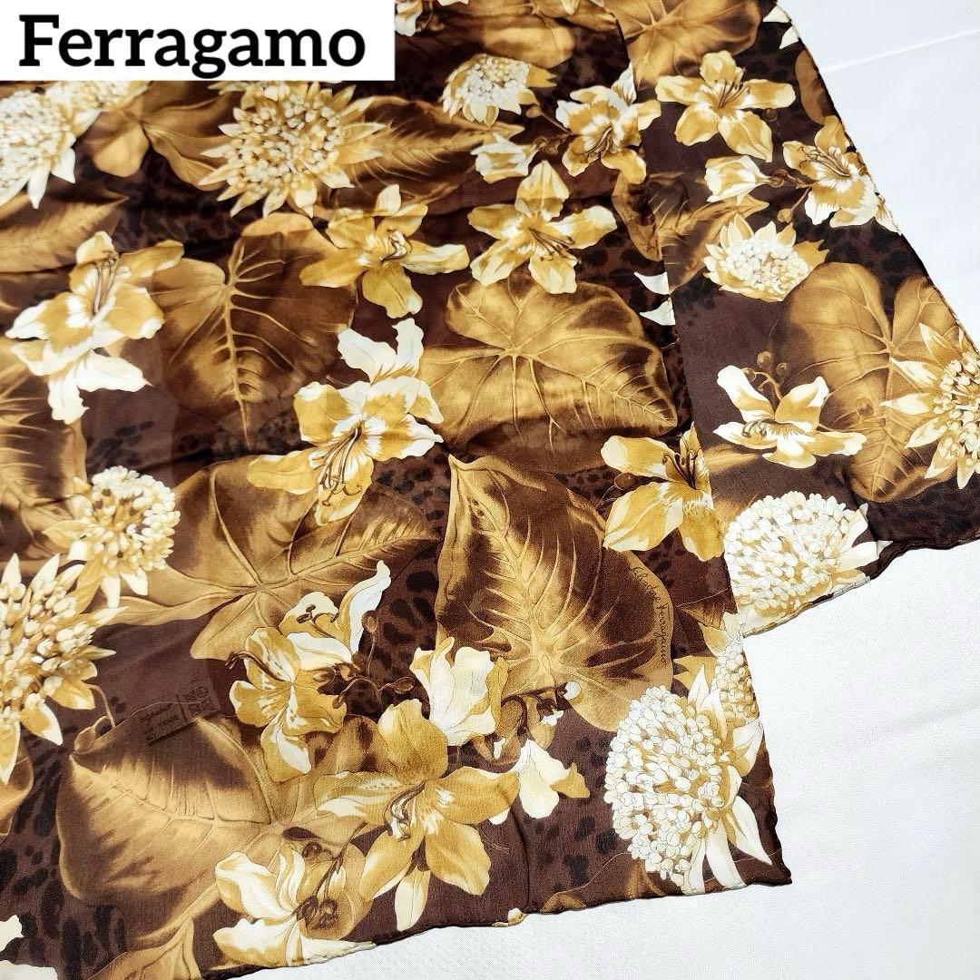 極美品 Ferragamo ストール シフォン 花 リーフ シルク ブラウン.
