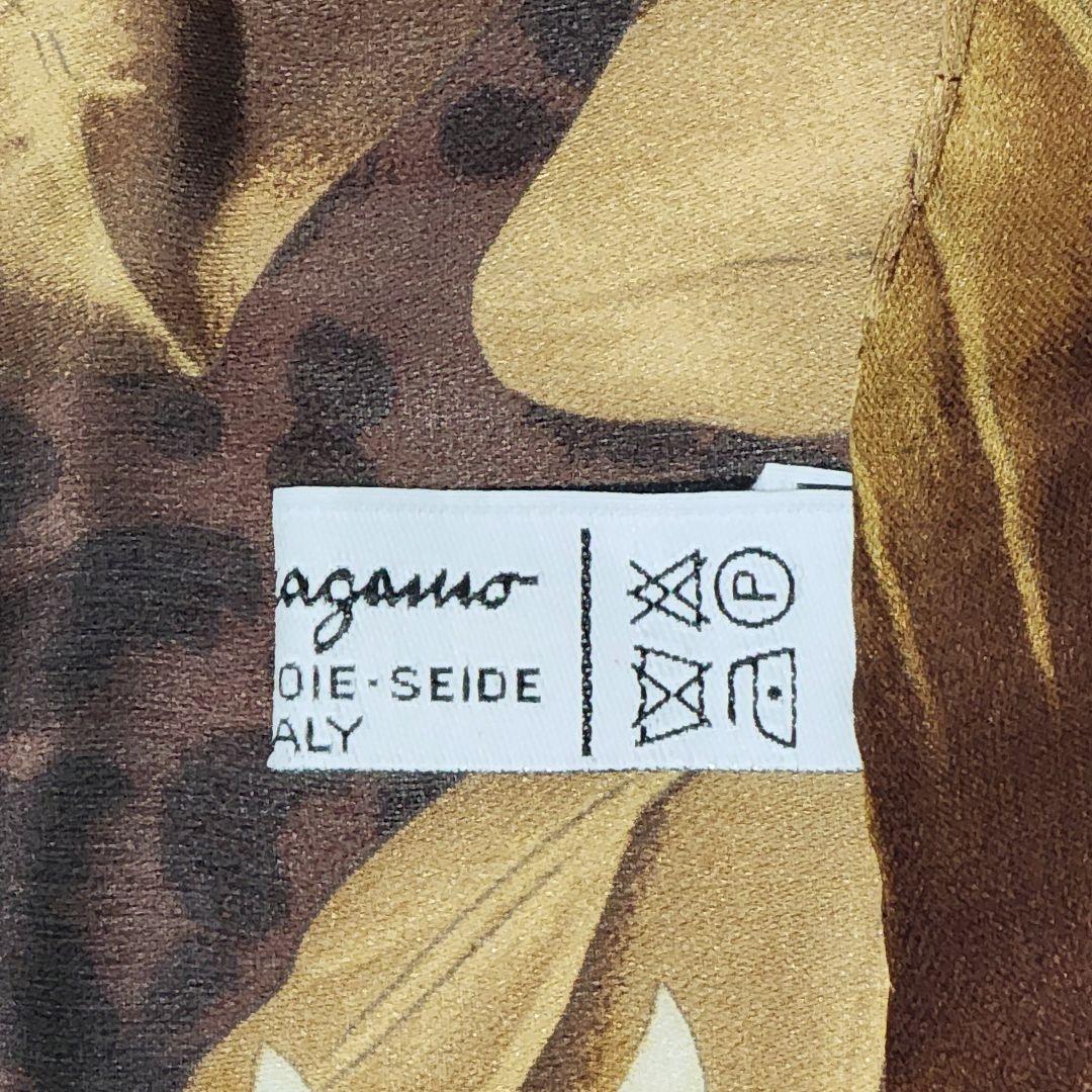 極美品 Ferragamo ストール シフォン 花 リーフ シルク ブラウン.