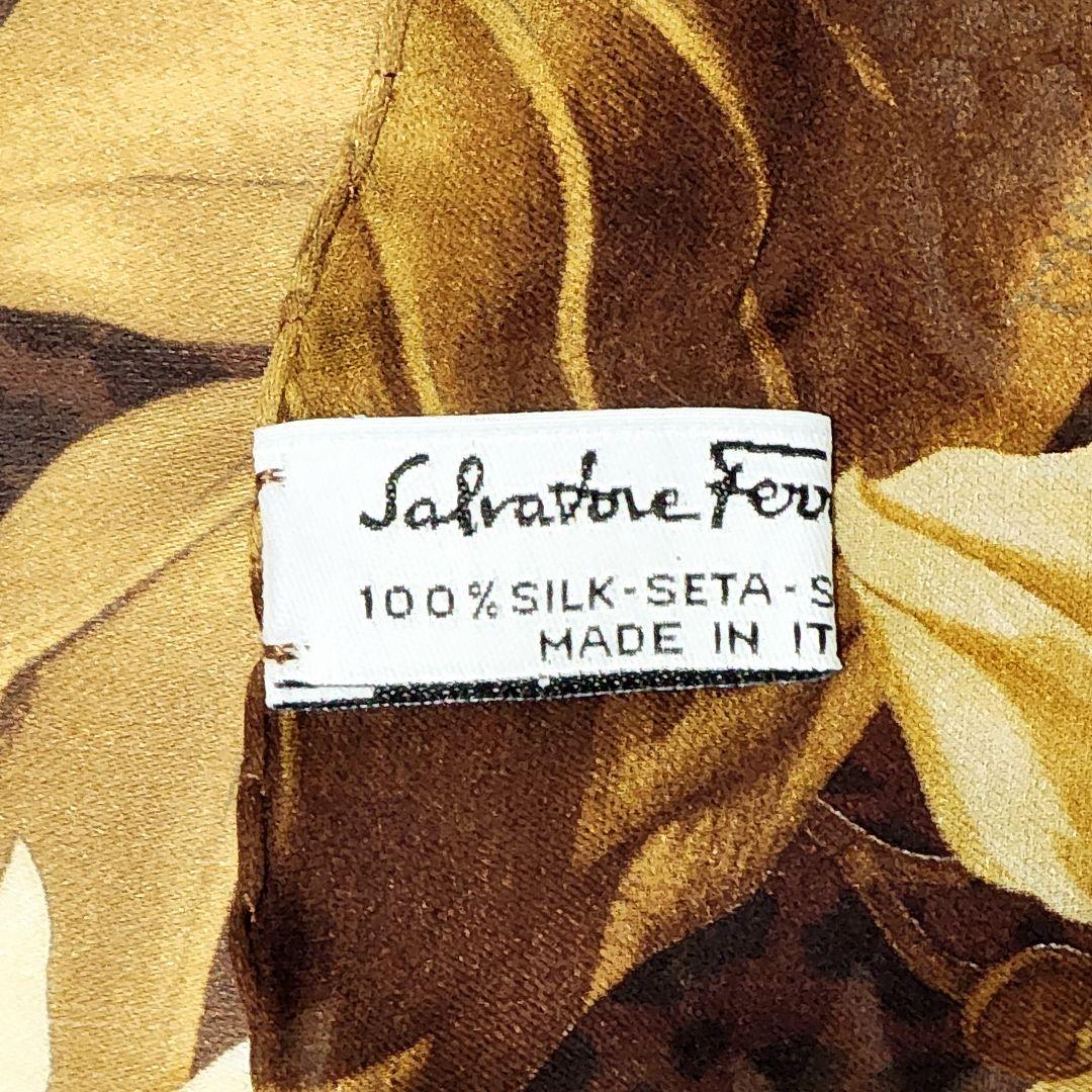 極美品 Ferragamo ストール シフォン 花 リーフ シルク ブラウン.