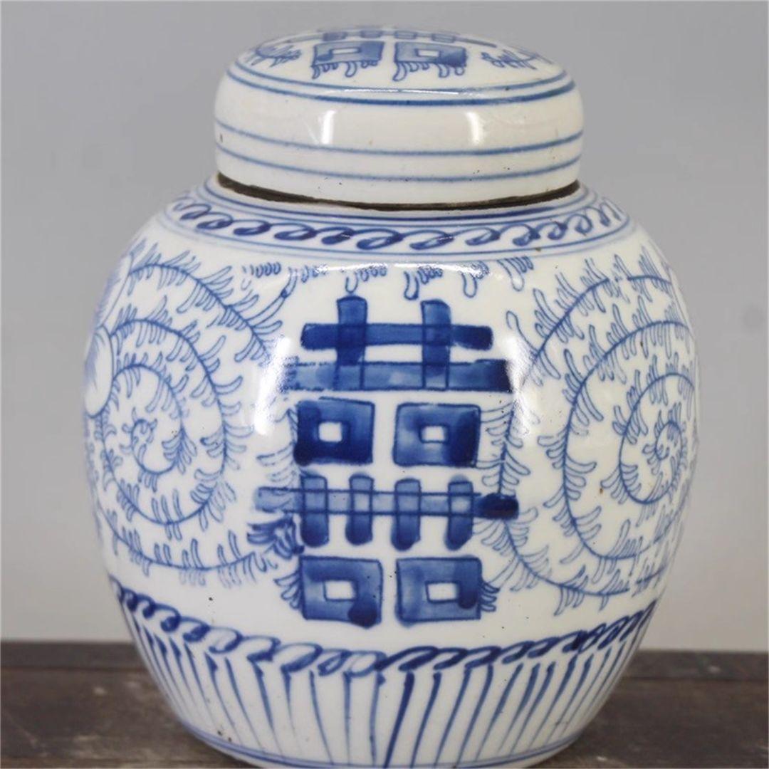 青花磁器喜字缶二重喜蓋缶 景徳鎮 陶磁器 装飾品 現代工芸品 美術品 置物