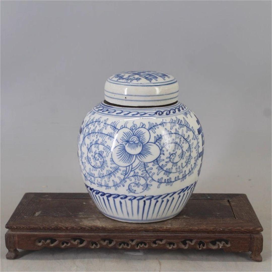 青花磁器喜字缶二重喜蓋缶 景徳鎮 陶磁器 装飾品 現代工芸品 美術品 置物