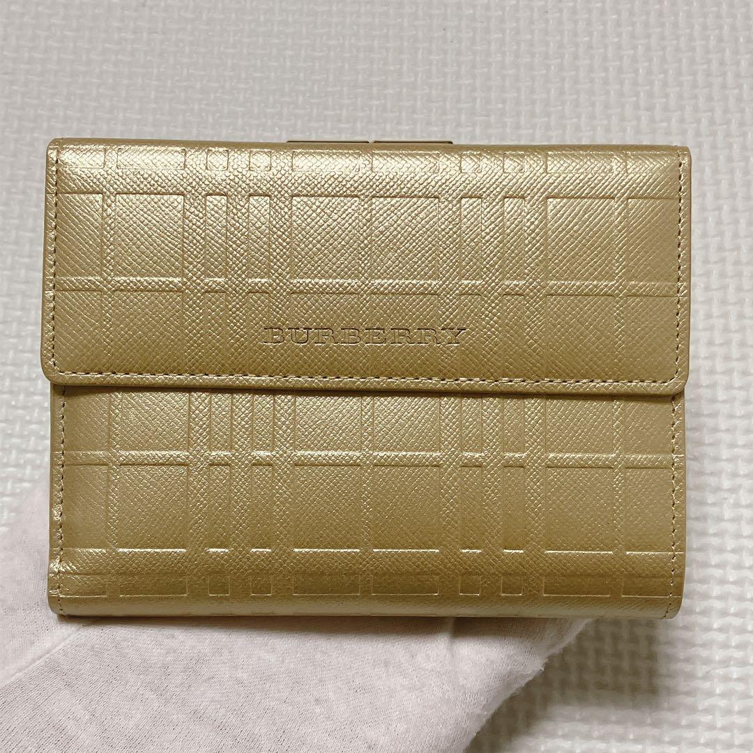 未使用　BURBERRY バーバリー　レザーがま口三つ折り財布　ゴールド