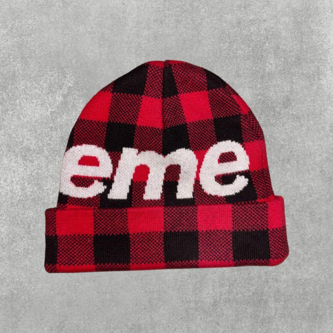 supreme big logo beanie check チェック 赤