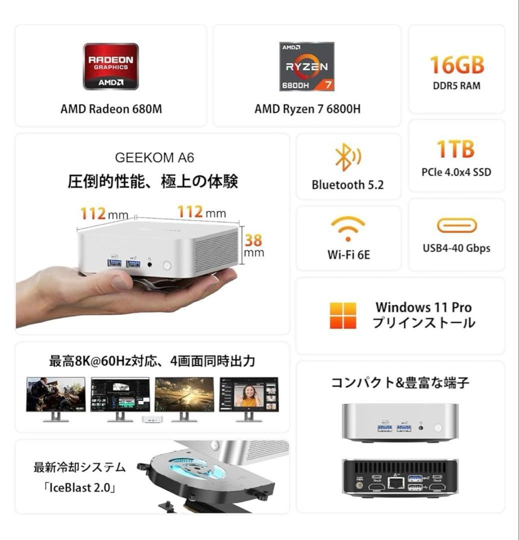 262176 GEEKOM A6ミニpc、AMD Ryzen 7 6800H搭載
