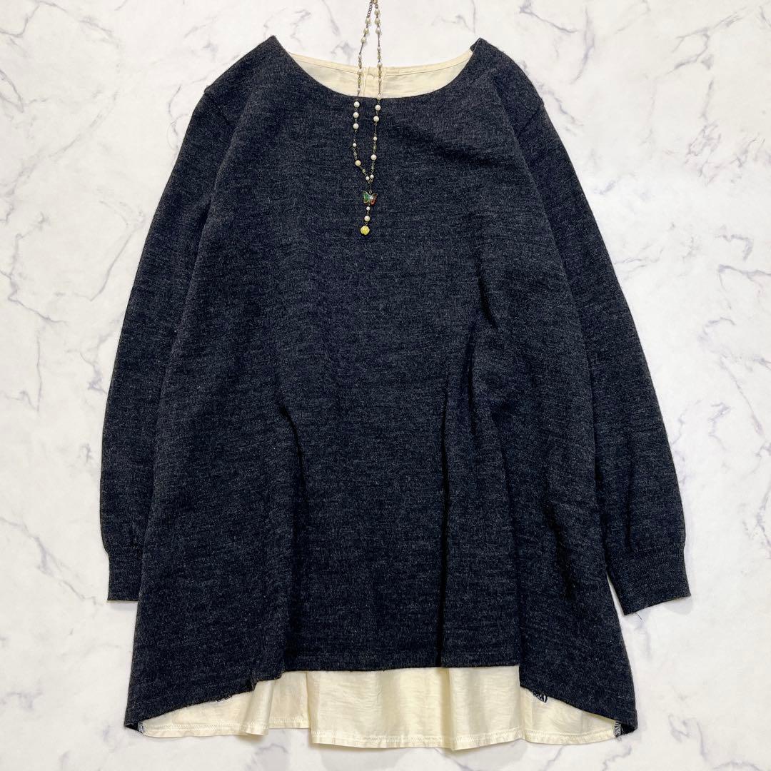 美品✨ビアズリー ニットワンピース チュニック ニットジャガード切り替え 刺繍
