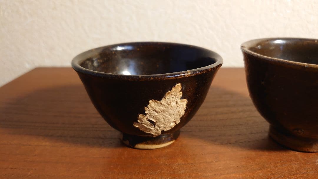 古備前　ぐい呑み　盃　木の葉天目　黒釉　アンティーク備前　江戸期　蔵出し　2客