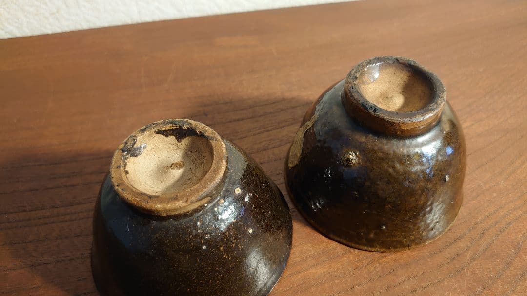 古備前　ぐい呑み　盃　木の葉天目　黒釉　アンティーク備前　江戸期　蔵出し　2客
