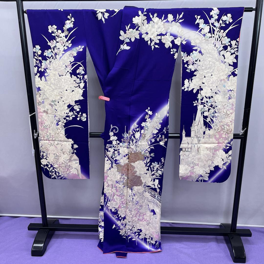 Y★4069★ 振袖 袷 着物 コバルトブルー レトロ品 訳あり