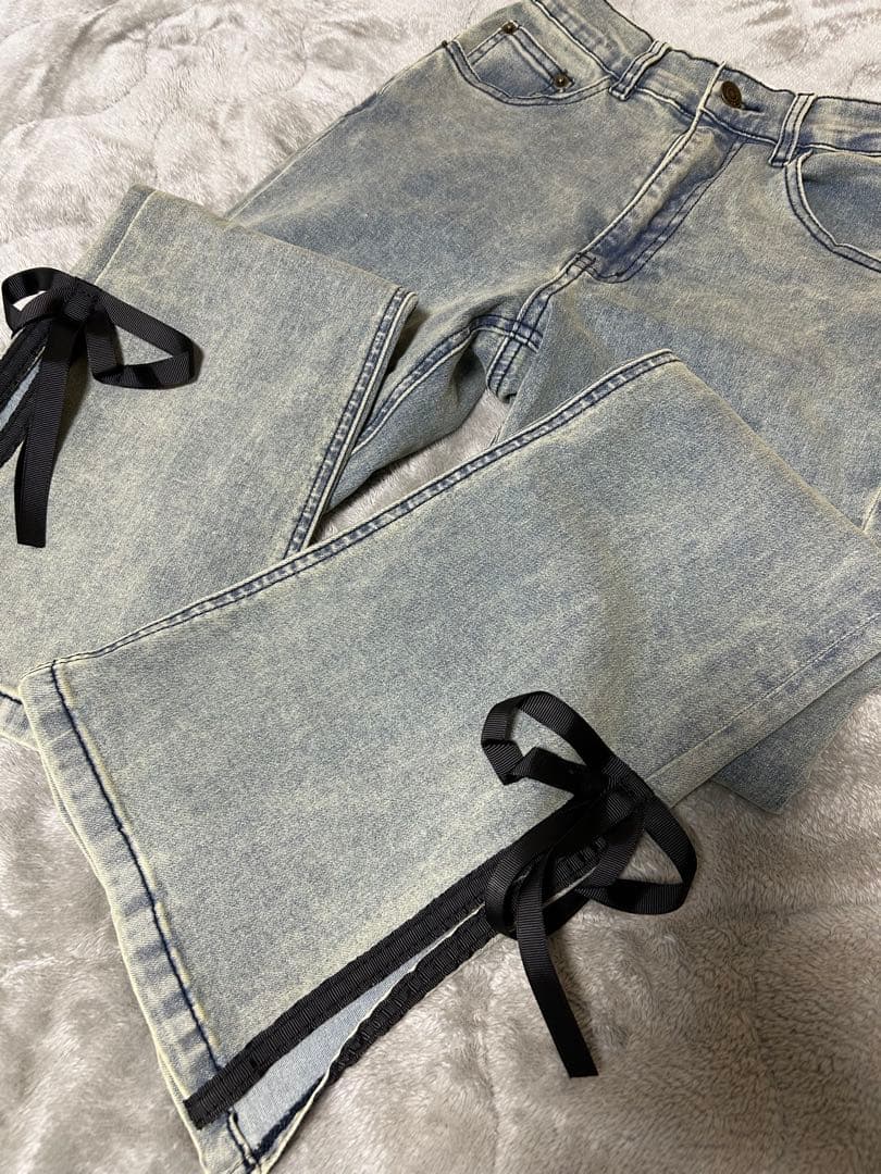 【ranclic】side slit denim ribbon pants