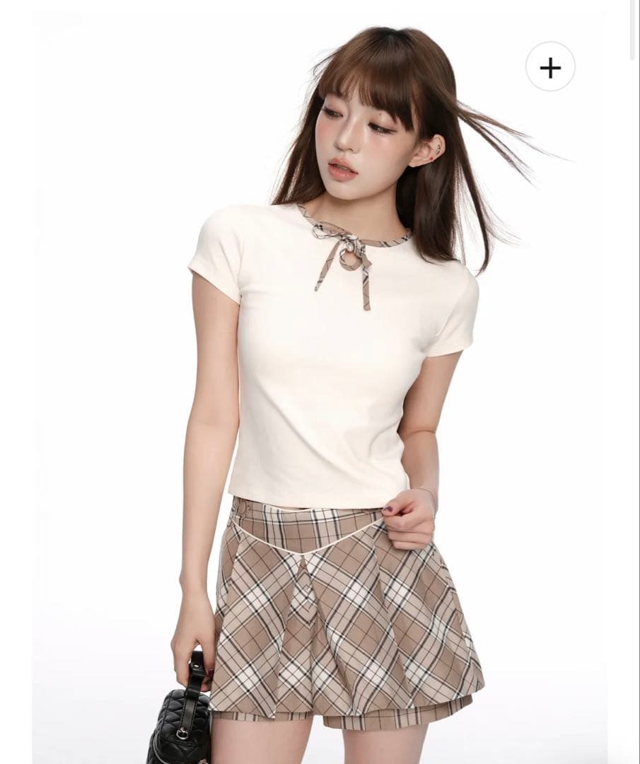 トップス ANDWANG Trim Check Ribbon Tee Ivory