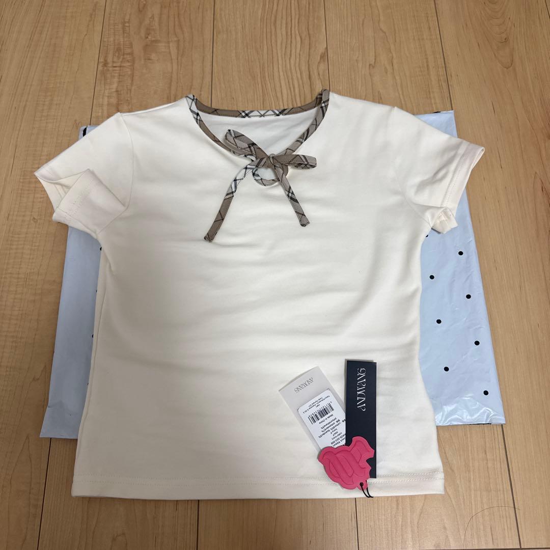 トップス ANDWANG Trim Check Ribbon Tee Ivory