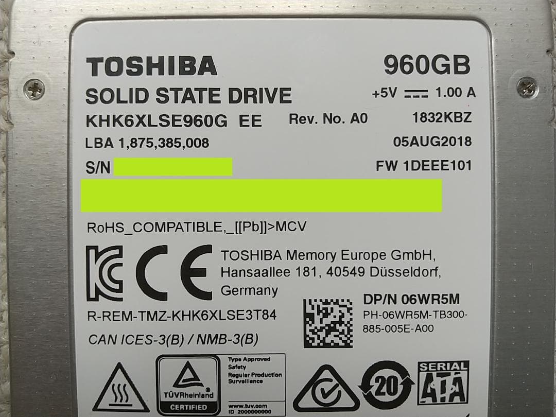 SSD 1TB 2.5 SATA 東芝 使用:812時間 1801回