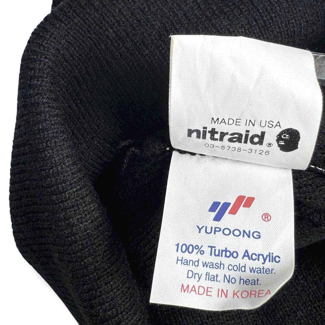 nitraid｜初期カラスロゴロングビーニーブラックレター刺繍黒ニット帽