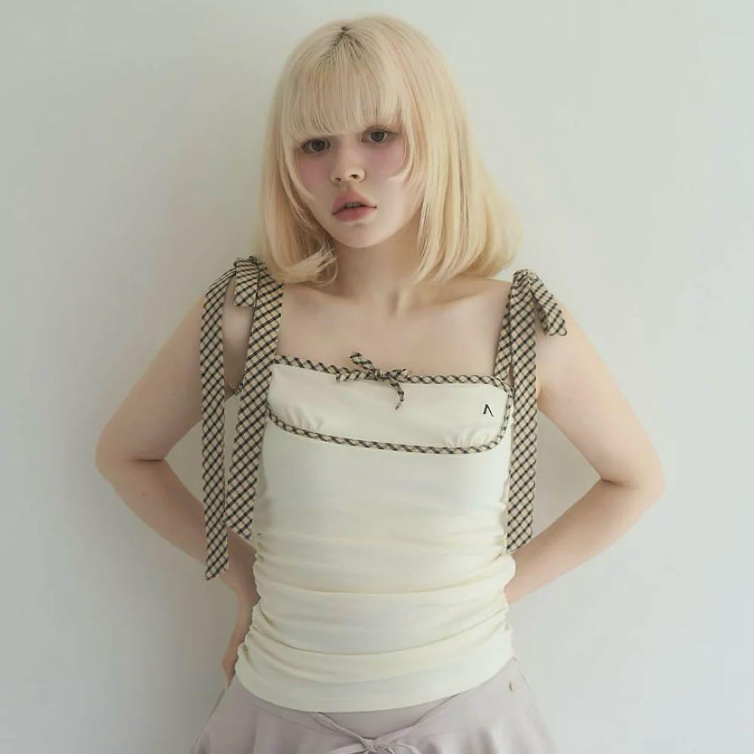 トップス andmary Alice check ribbon tops ivory