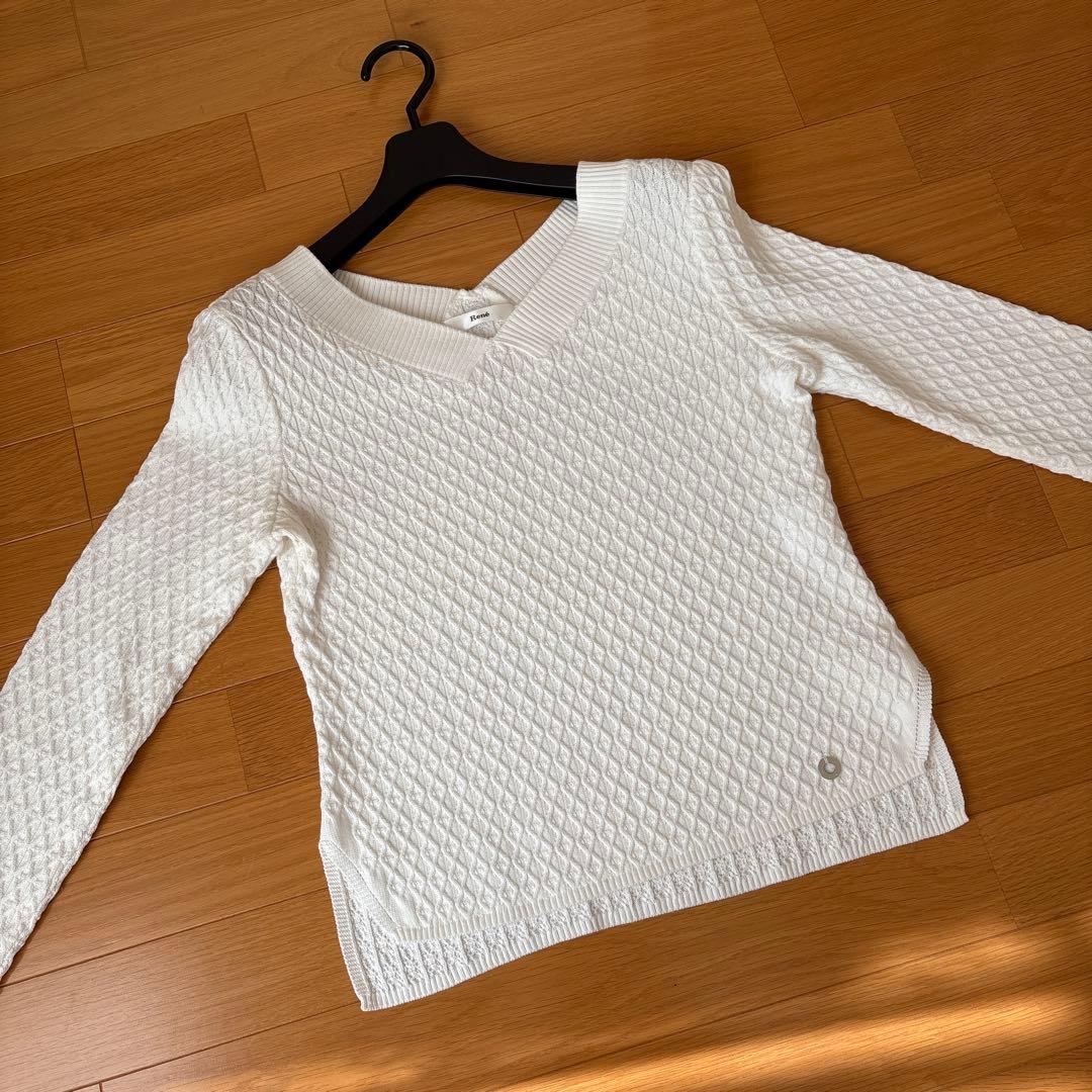 【美品】René ダイヤモンド編み Vネックセーター　36サイズ　ホワイト