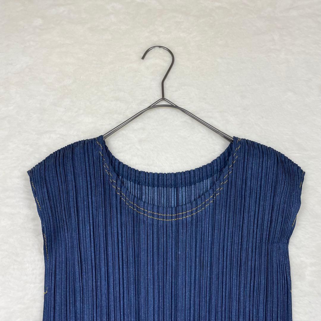 美品　PLEATS PLEASE ノースリーブプリーツワンピース ダークブルー