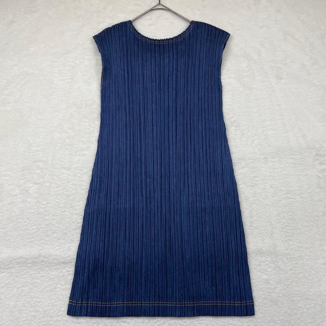 美品　PLEATS PLEASE ノースリーブプリーツワンピース ダークブルー