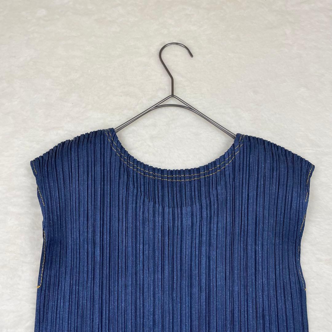 美品　PLEATS PLEASE ノースリーブプリーツワンピース ダークブルー