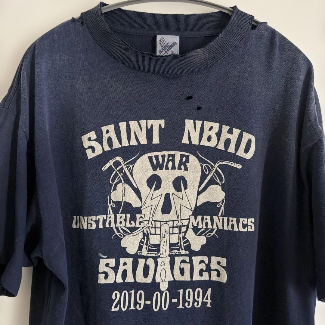 SAINT セントマイケル　ダメージ スカル Tシャツ サイズM ネイビー