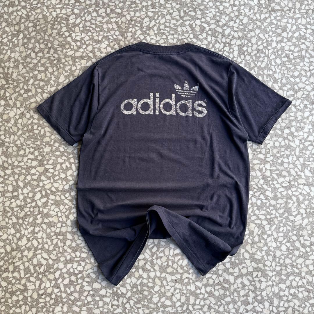【80年代usa製、シングルステッチ】オールドアディダス両面ロゴTシャツ紺常田