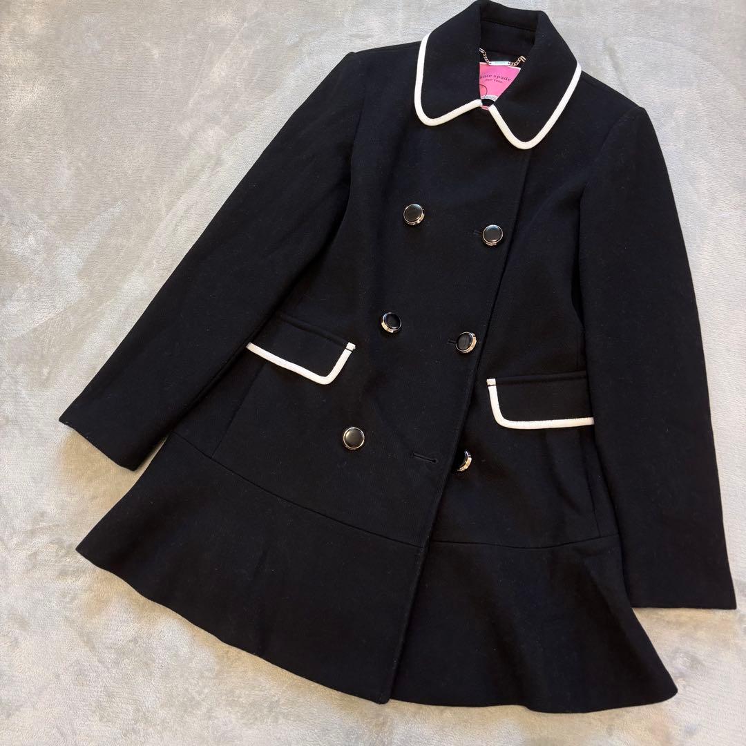 kate spade ロングコート Aライン フレア 近年モデル 黒 金ボタン