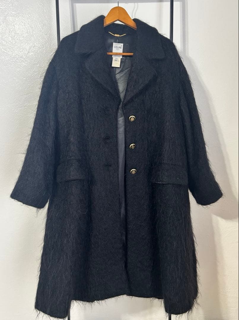vintage CELINE PARIS モヘアロングコート 黒