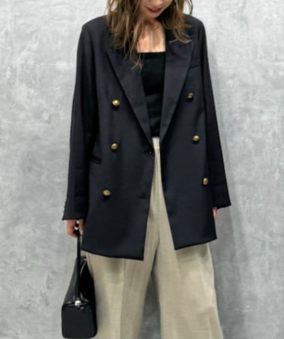 24SS MilaOwen 金釦ダブル ブレスト ロング ブレザー 紺ブレ