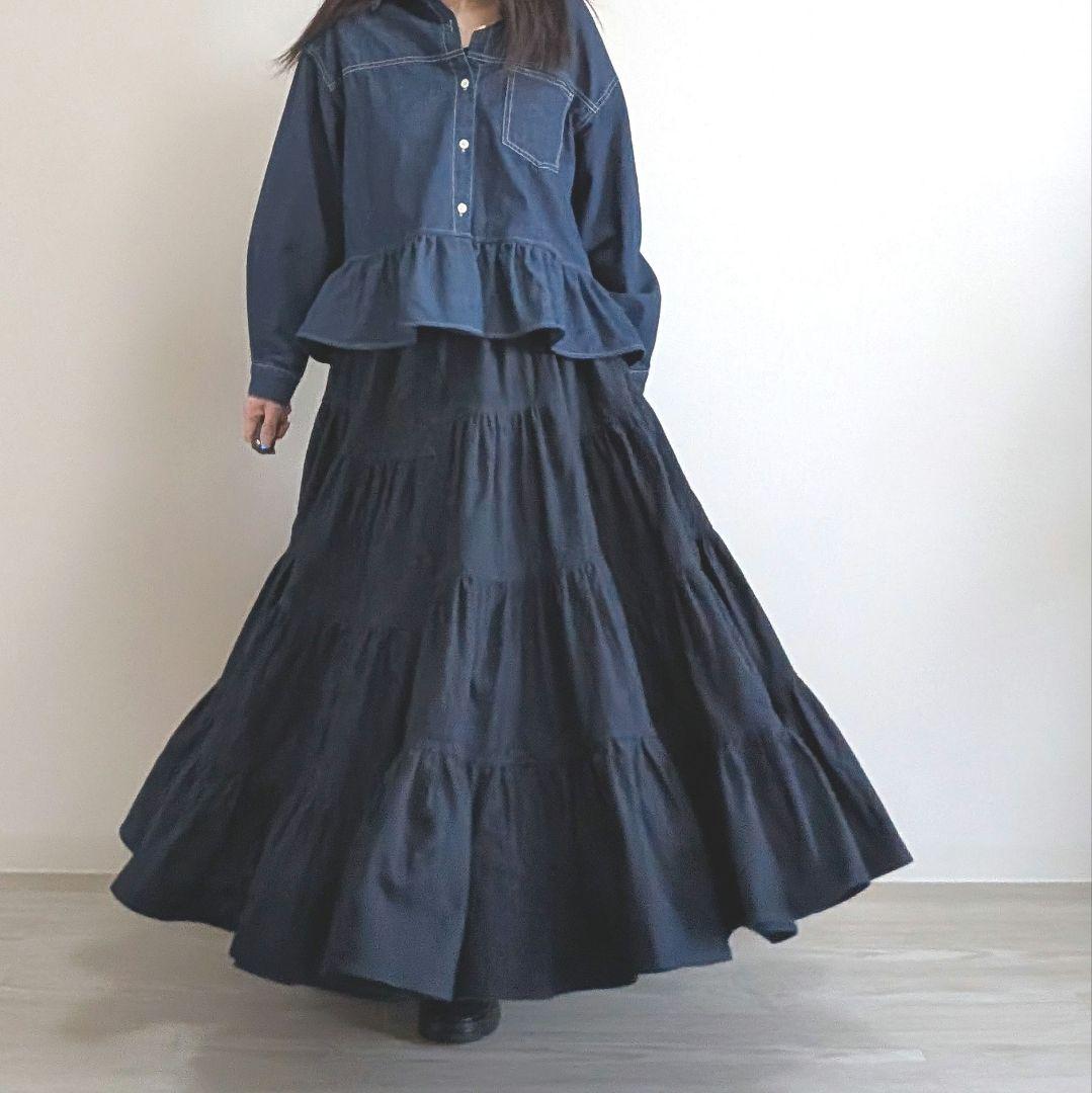ハンドメイド　ボリューム　ティアード　デニム　スカート