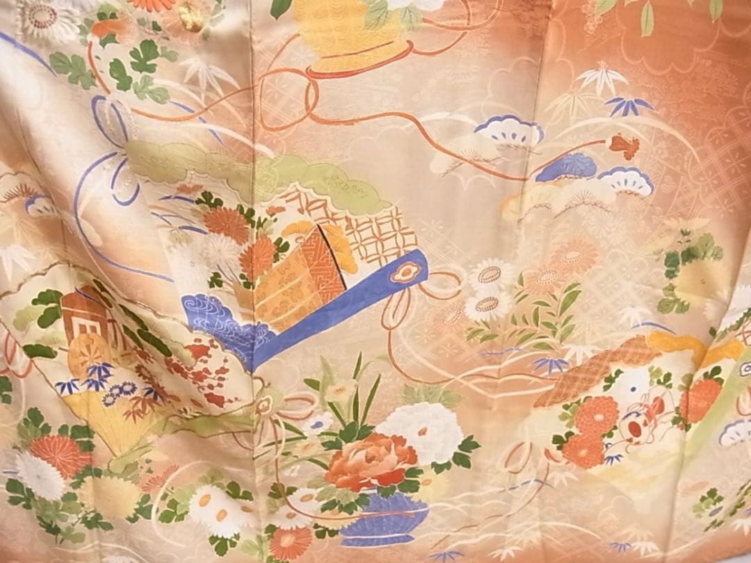 アンティーク着物　二尺袖大正ロマン　小振袖　駒刺繍　檜扇吉祥花文　正絹