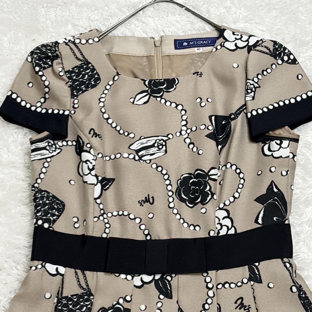 ✨M'S GRACY✨ ワンピース 40 花柄 リボン フレア 半袖 上品