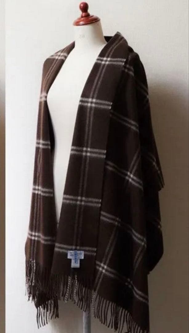美品　ジョンストンズ　カシミア大判ストール　ウインドウペン　ブラウン