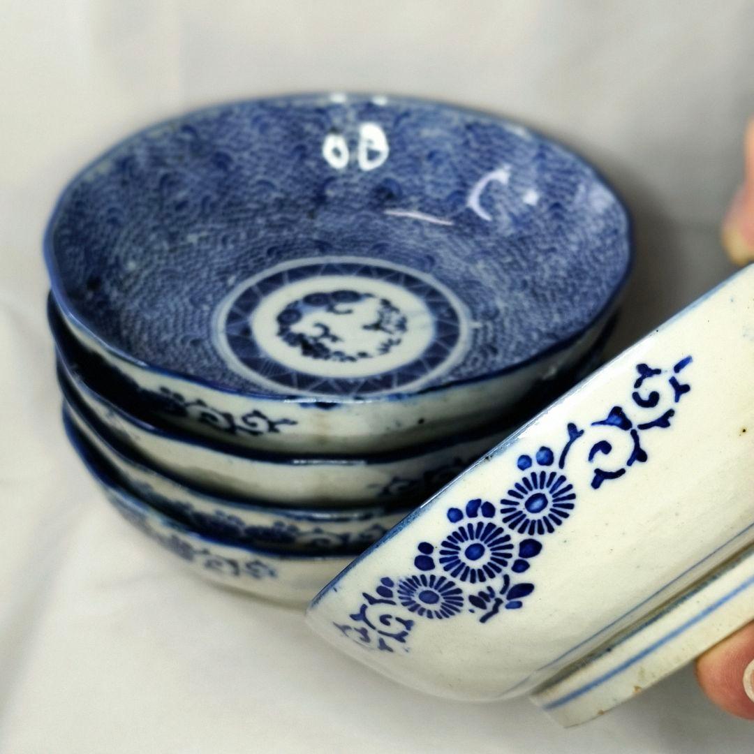 古伊万里 染付 微塵唐草 唐草文 なます皿 膾皿 江戸期 旧家蔵出し５客 古美術