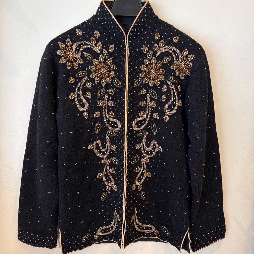60s 70s香港製　ヴィンテージ ニットカーディガン ビーズ刺繍 チャイナ