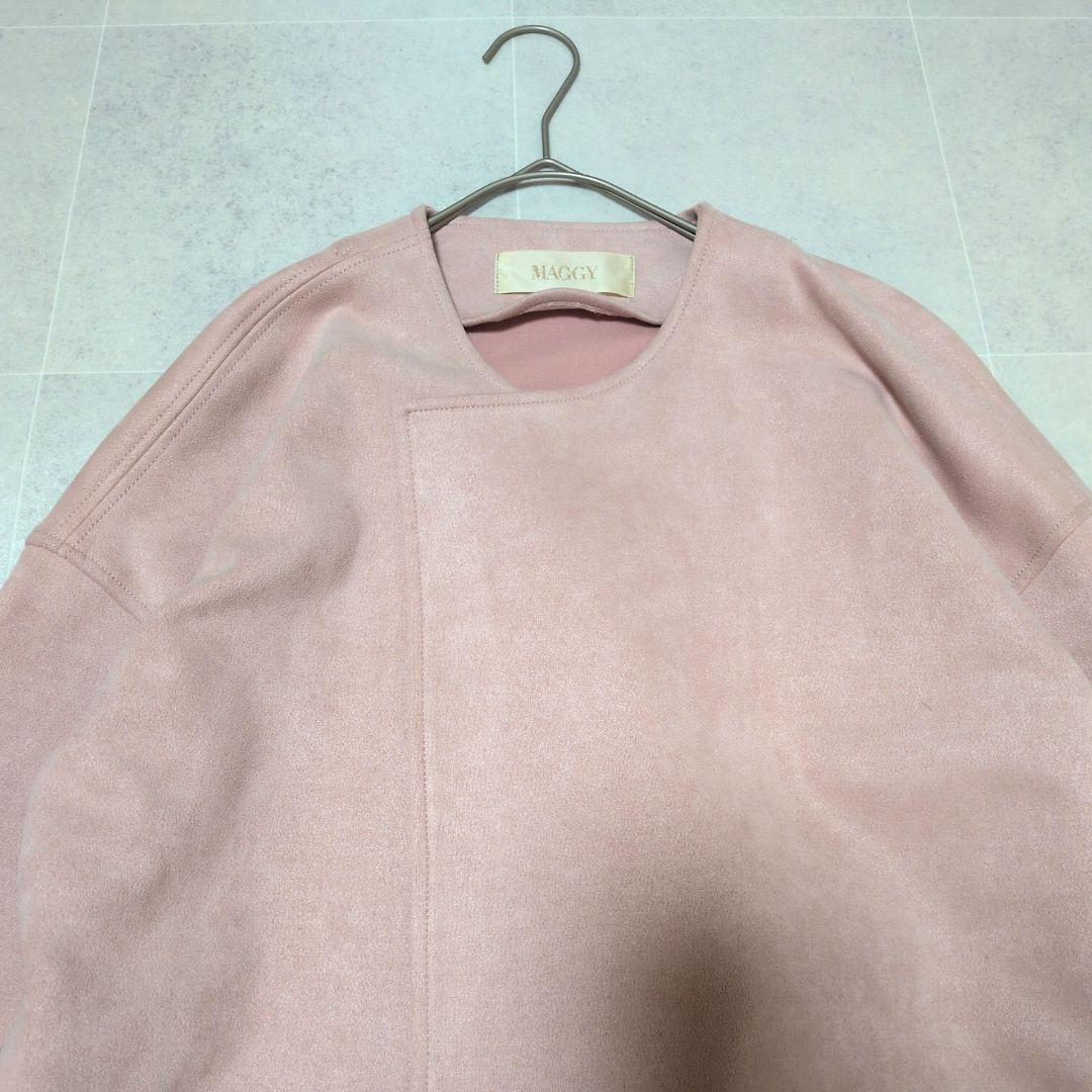 【極美品】銀座マギー ノーカラーコート ベルト付 ピンクベージュ 春コート
