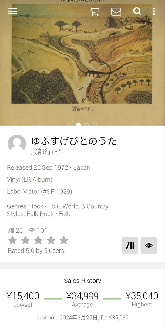 【1972年 国内初版 オリジナル盤】武部行正「ゆふすげびとのうた」レコード