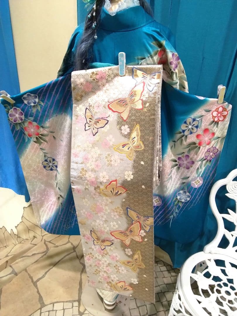 正絹振袖、成人式、重ね衿、帯揚げ帯締め、西陣袋帯、長襦袢、、ファー帯揚げ帯締め