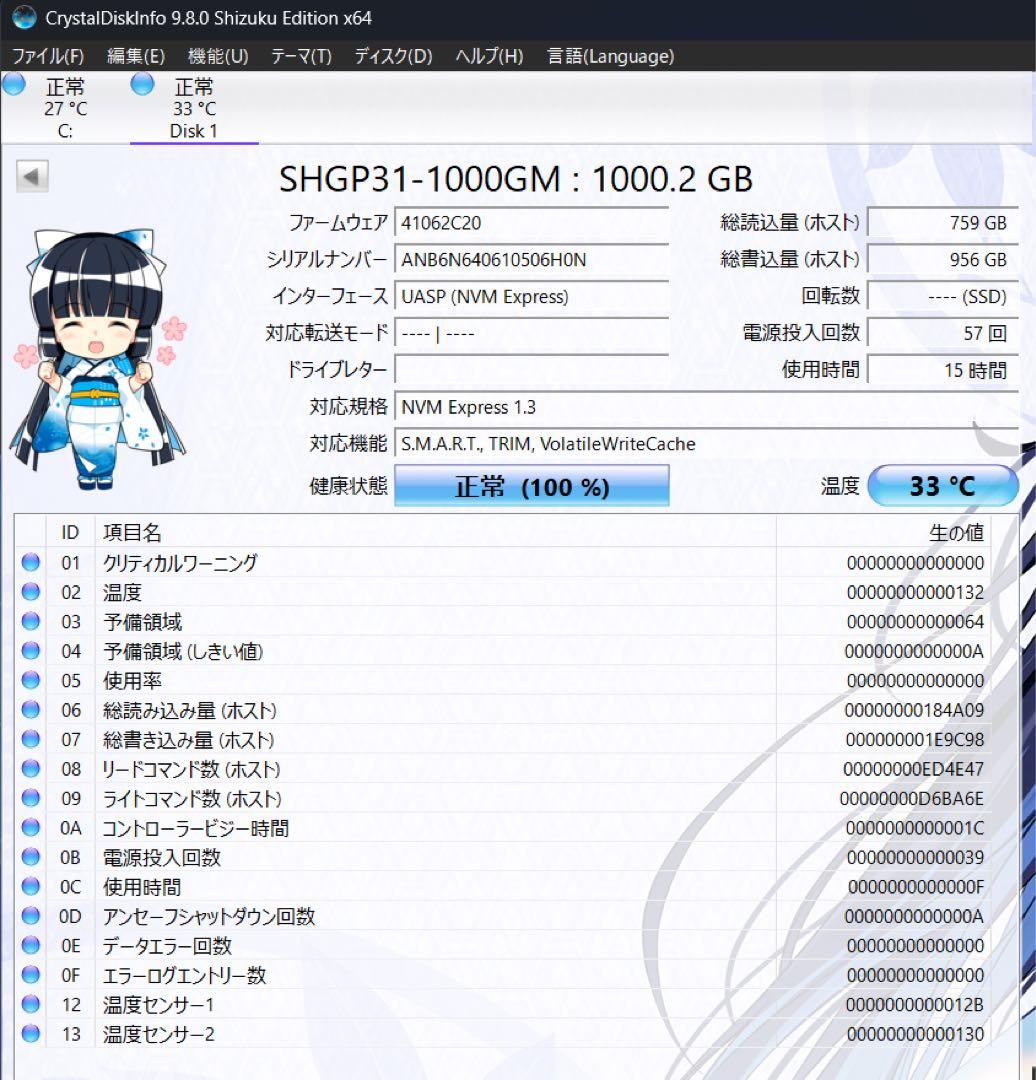 SK hynix Gold P31 SSD 1TB 使用時間15時間
