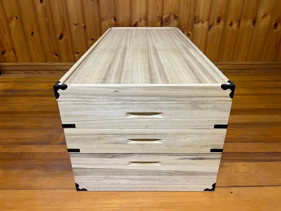 桐箱 衣装箱 桐ケース 3段 仕切り付き 蓋つき 着物収納【美品】