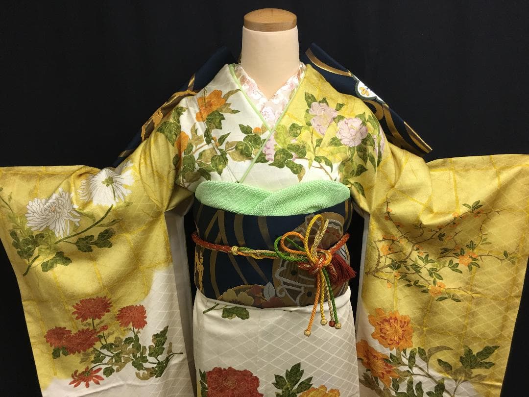 本加工白地に黄色×金染め分け 四季の花 振袖 フルセット 多ち花