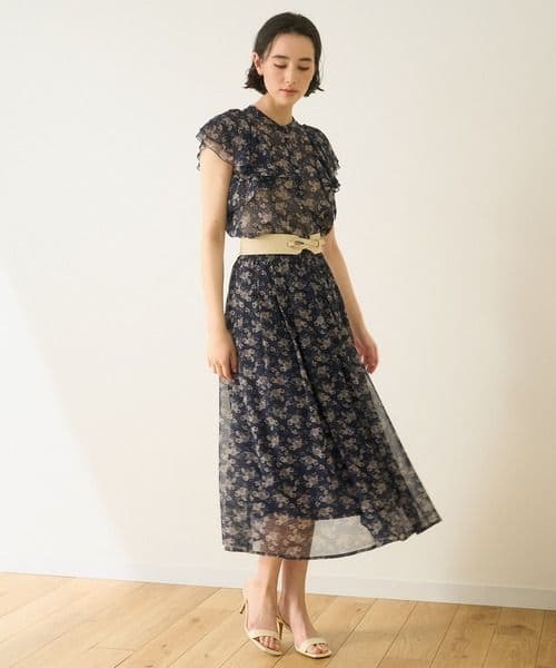 ANAYI ラインフラワープリント タックフレアスカート