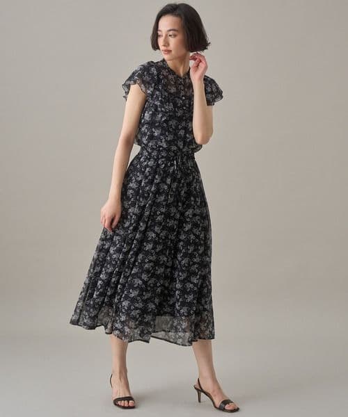 ANAYI ラインフラワープリント タックフレアスカート
