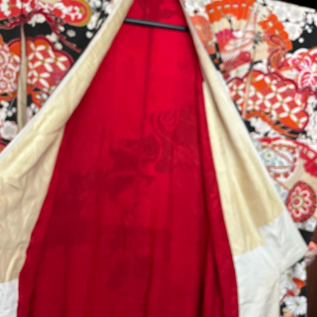 OK1 振袖 黒地 花柄 扇子柄　昭和初期物　ビンテージ　リメイク向き